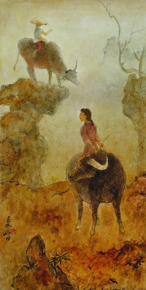CHILDREN ON BUFFALOES by Lee Man Fong