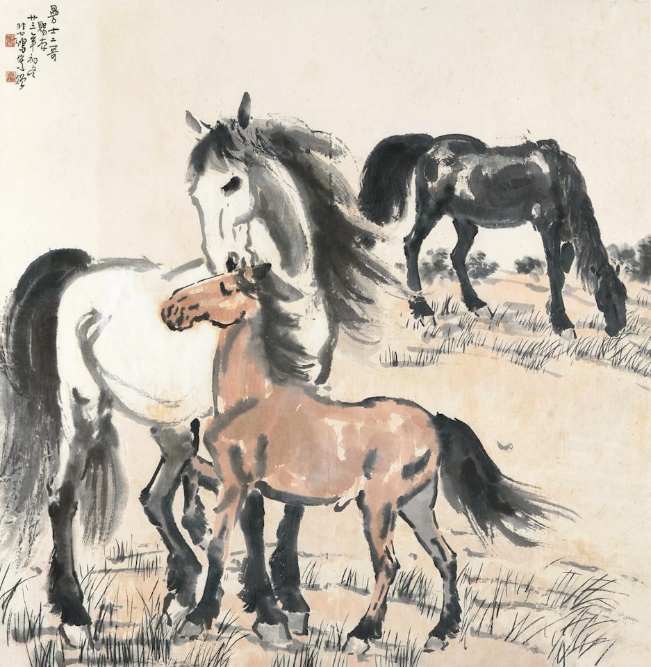 THREE HORSES IN THE MEADOW by Xu Beihong