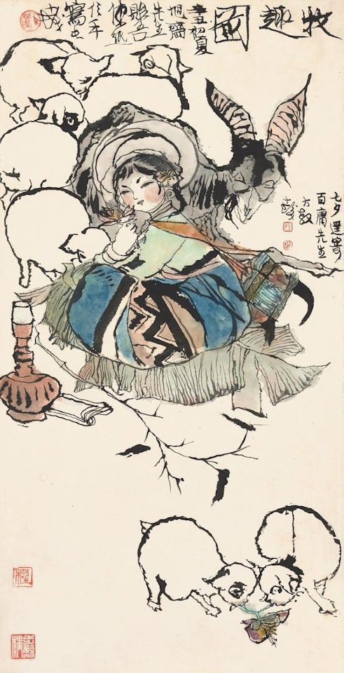 SHEPHERDESS AND SHEEP by Cheng Shifa