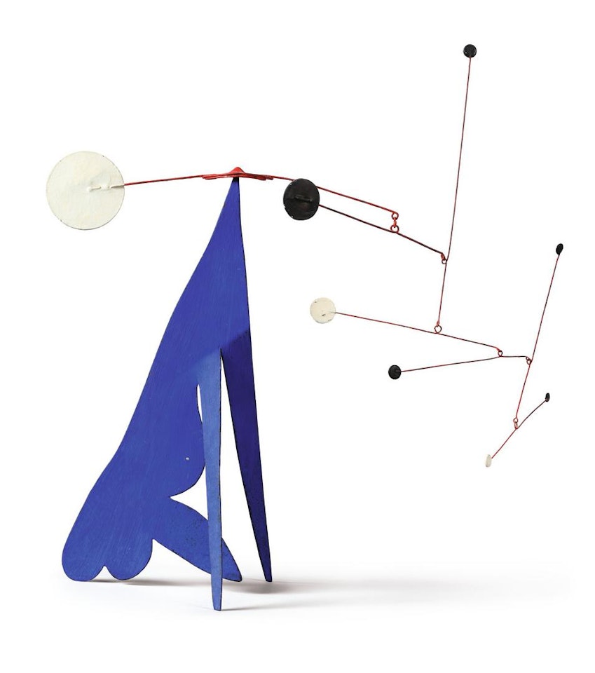 BLACK AND WHITE AND RED ON BLUE by Alexander Calder