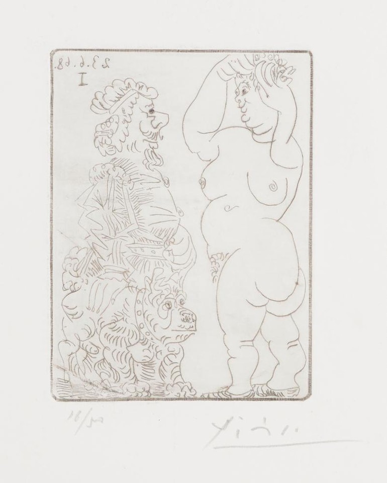 Grosse prostituée et homme au béret Rembranesque et au bouledogue français, from Series 347: 181 (B. ; Ba. 1677) by Pablo Picasso