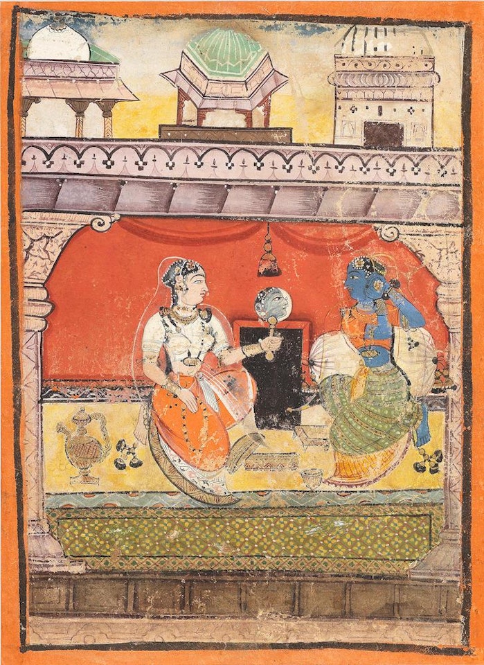 Ragamala series: Vilavali ragini: a lady seated within a palace pavilion, adorning herself with jewellery by Anonymous