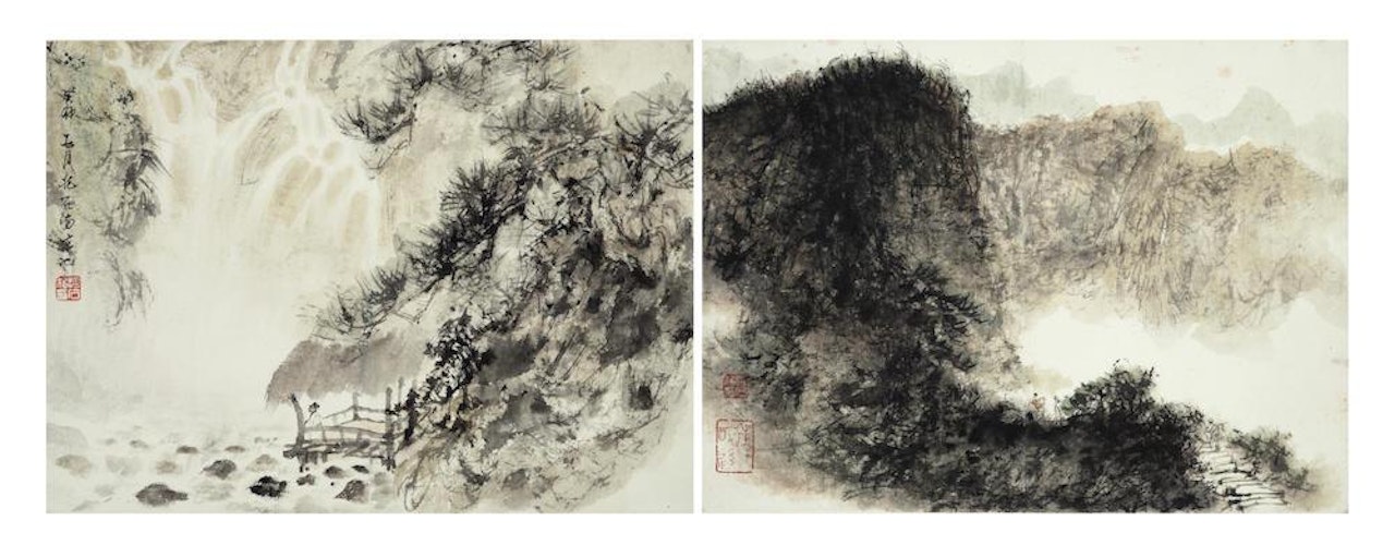 Scholar Watching a Waterfall; Walking Along the Mountain Trail by Fu Baoshi