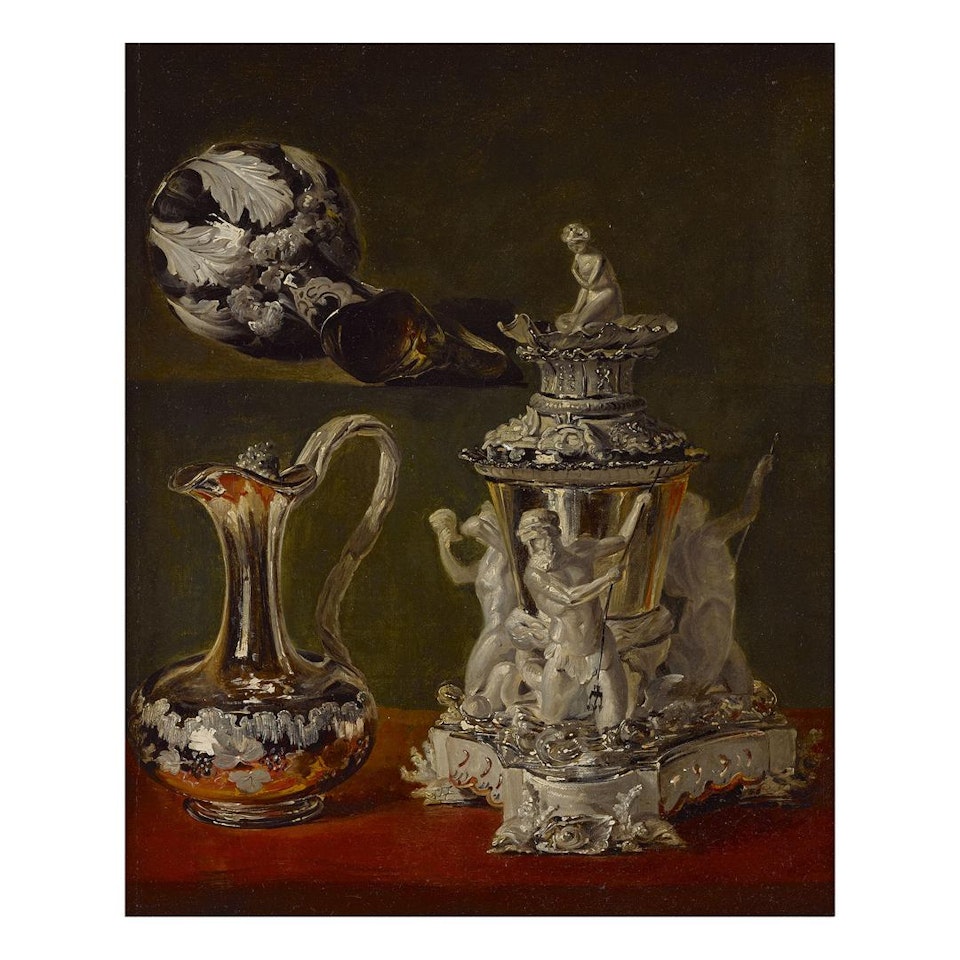 STILL LIFE OF A SILVER COVERED WINE COOLER AND SILVER EWER by Continental School