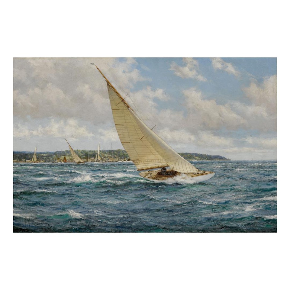 REEF DOWN—SIX METRE YACHTS OFF THE ISLE OF WIGHT by Montague Dawson