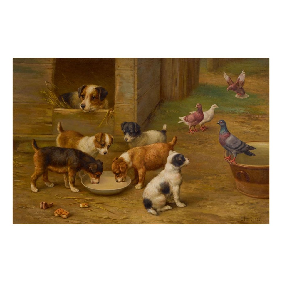 PIGEONS AND PUPPIES IN A FARMYARD by Edgar Hunt
