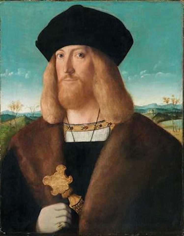 Portrait of a bearded man, half-length, wearing a fur-lined coat and holding a dagger, a landscape beyond by Bartolomeo Veneto