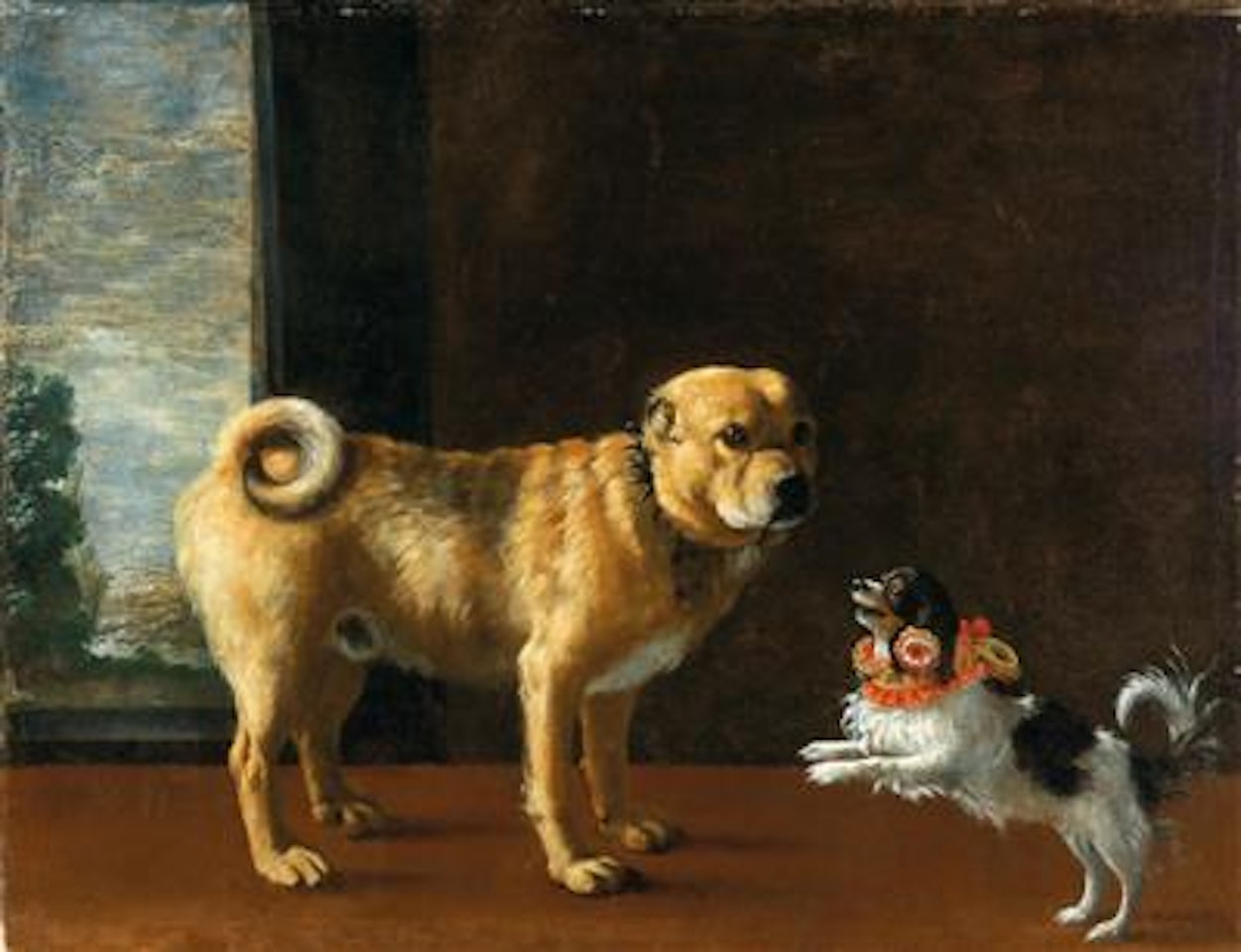Portrait of an Italian mastiff and a tri-coloured spaniel before a wall, a landscape beyond by Guercino