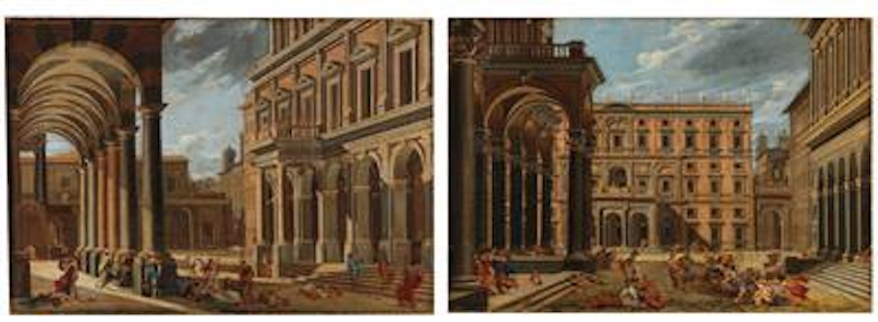 An architectural capriccio with the Plague of Ashdod; and An architectural capriccio with the Massacre of the Innocents by Viviano Codazzi