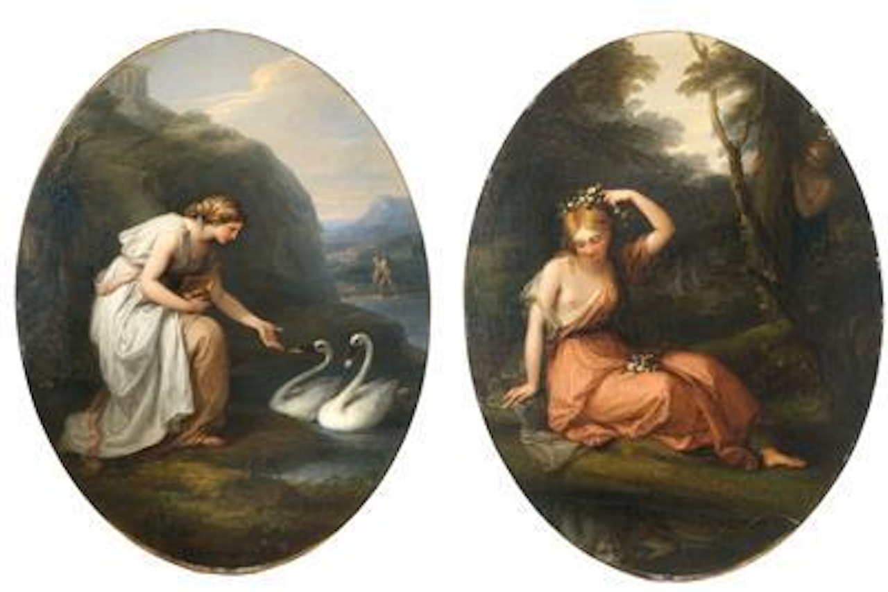 Immortalia, the nymph of immortality, receiving nameplates from two swans; and Silvia, decorating herself with flowers while observed by Daphne by Angelica Kauffmann
