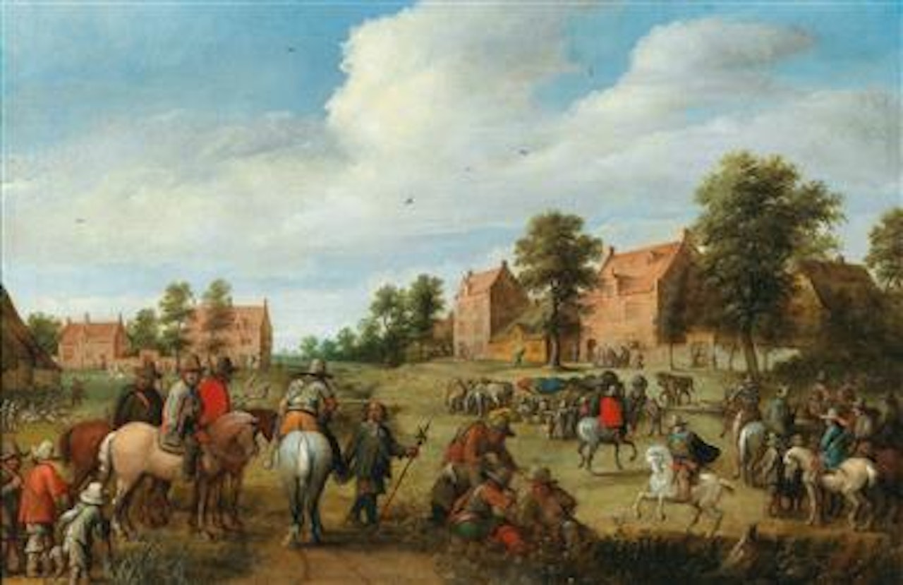 A cavalry unit halting near a village by Joost Cornelisz Droochsloot