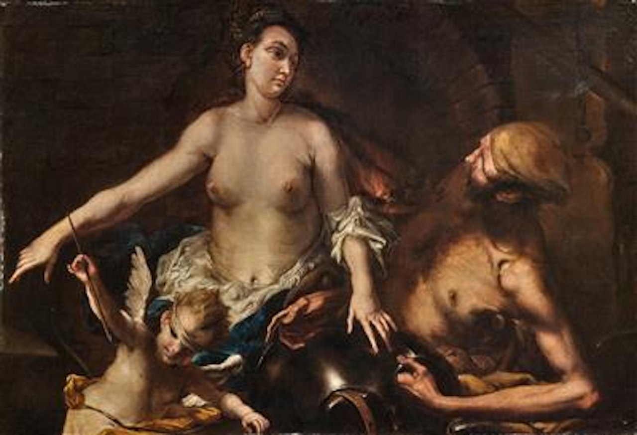 Venus blindfolded in Vulcan's Forge with Cupid by Alessandro Magnasco