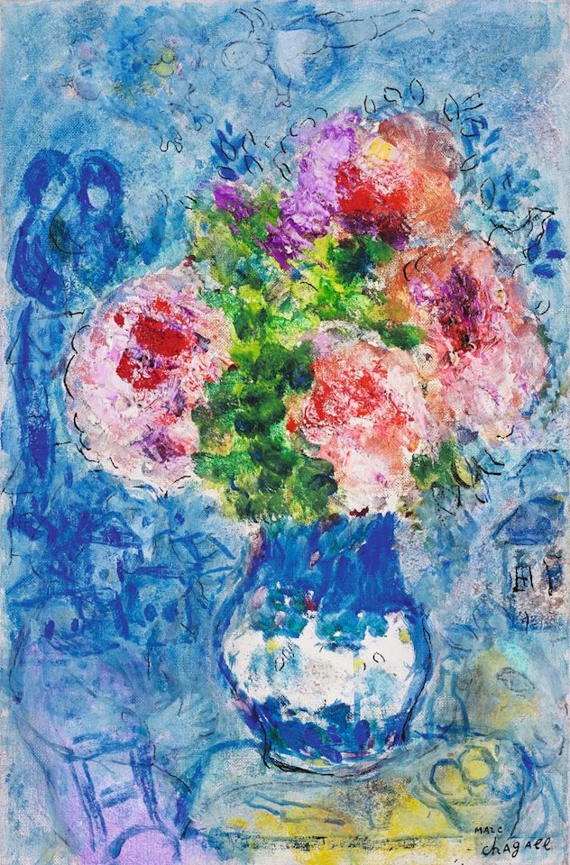 BOUQUET ROSE SUR FOND BLEU by Marc Chagall