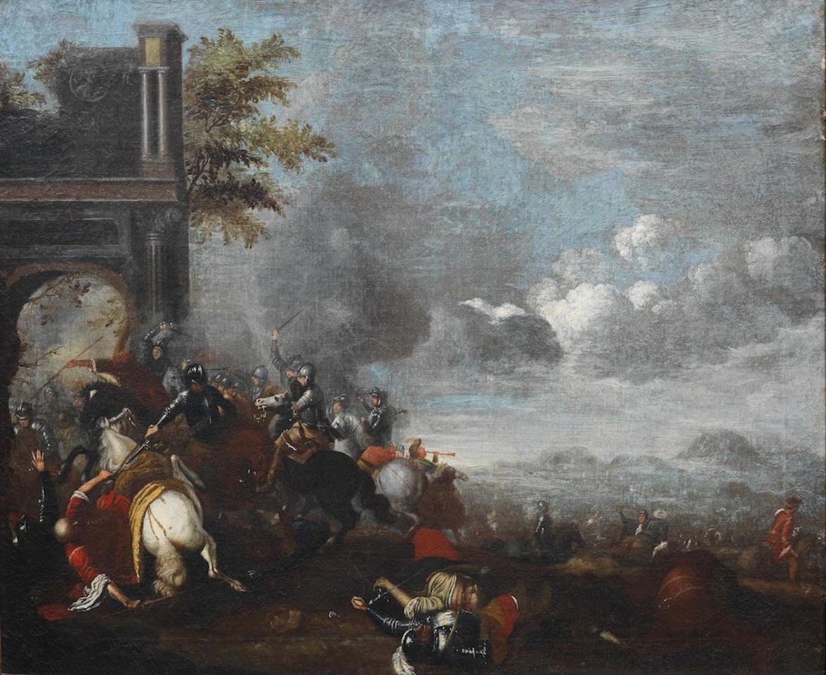 A cavalry skirmish before a ruined arch; and A cavalry skirmish before ruins by Neapolitan School