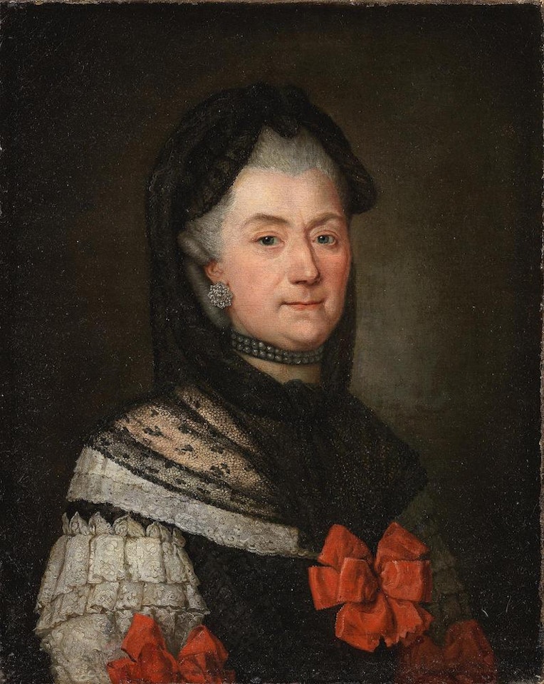 Portrait of a lady, traditionally said to be of the Hönigswald family, bust-length, in black and white lace costume with red bows by German School