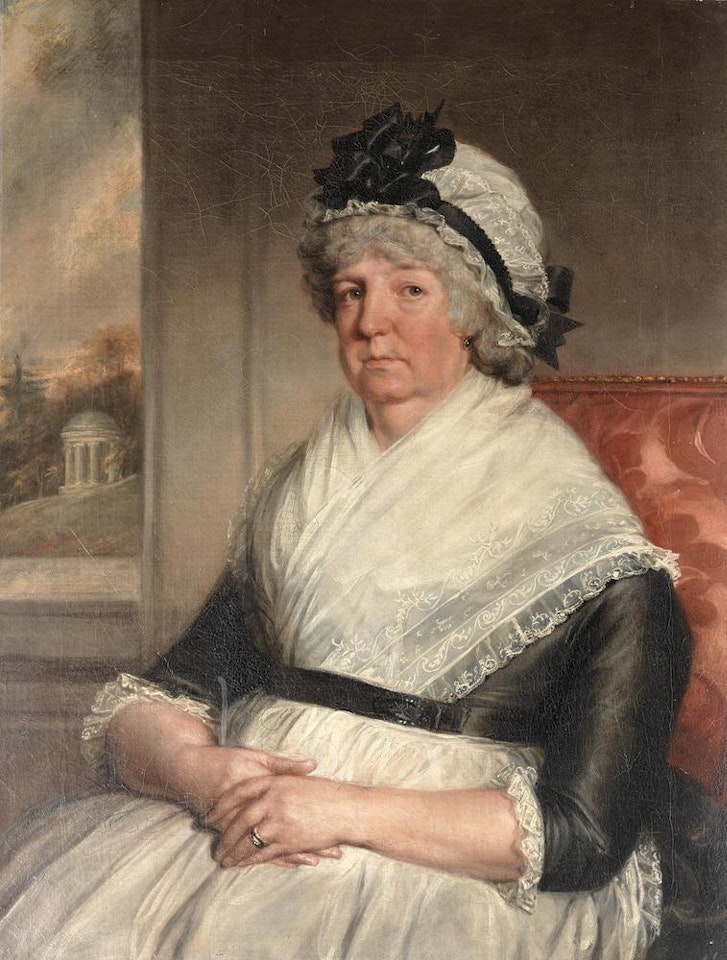 Portrait of lady, three-quarter-length, in a black and white dress, seated, a view to gardens and a folly beyond by English School