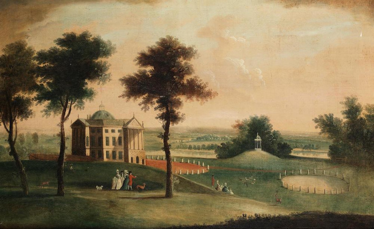 Elegant company in the grounds of an English country house by English School
