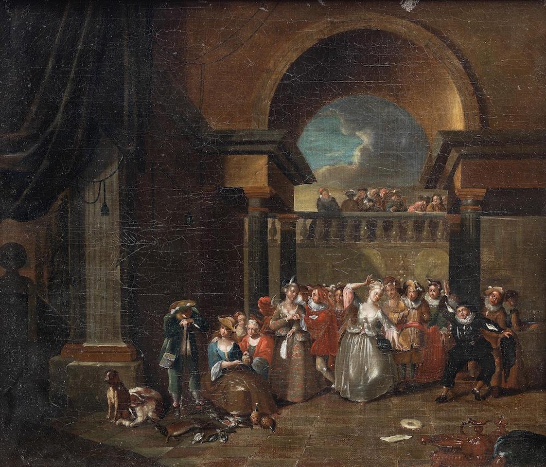 A palace interior with figures feasting and dancing; and A palace interior with elegant figures dancing by Flemish School