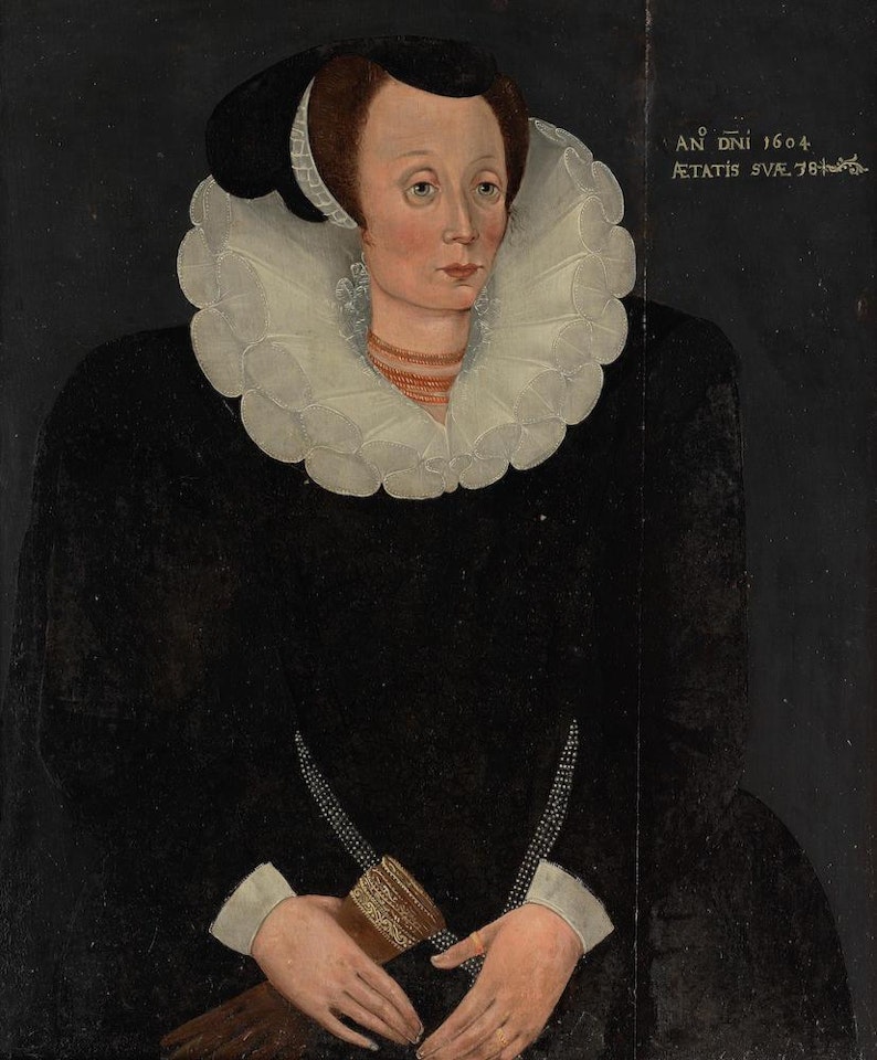 Portrait of a lady, said to be Elizabeth, daughter of Thomas Martin, half-length, in a black dress with a white lace ruff and holding a pair of gloves by English School
