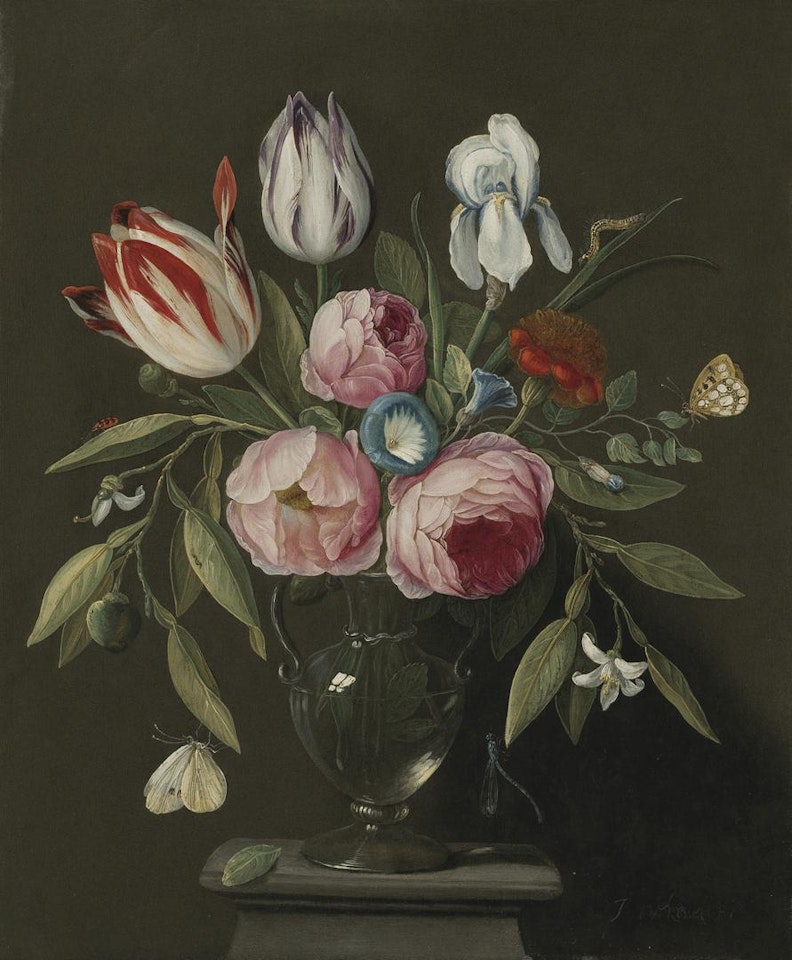 Roses, tulips, an iris and other flowers in a glass vase on a stone plinth with butterflies and other insects by Jan Van Kessel The Elder