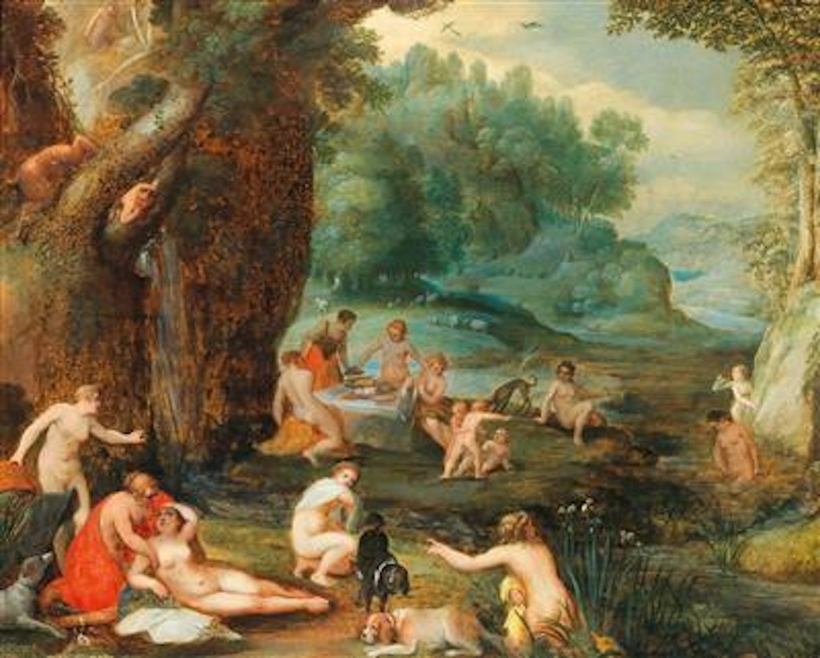 A landscape with bathing nymphs by Adriaen van Stalbemt