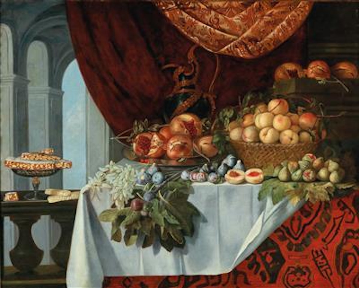 Pomegranates on a dish peaches in a basket figs and plums on a table by Pier Francesco Cittadini