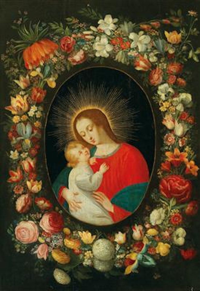 The Virgin and Child in a cartouche surrounded by a garland of flowers by Jan Brueghel the Younger