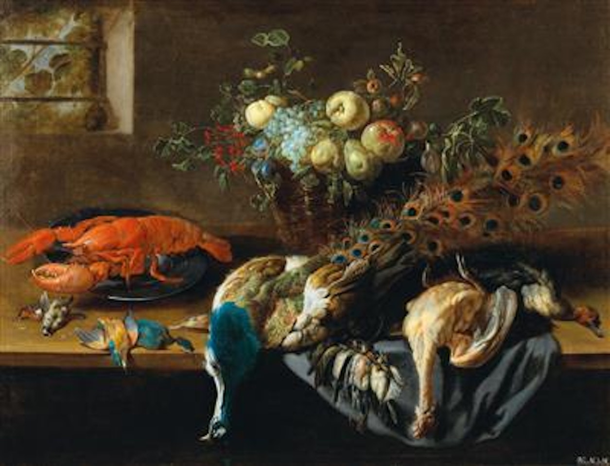 A still life with a peacock fruit a lobster and birds by Adriaen van Utrecht