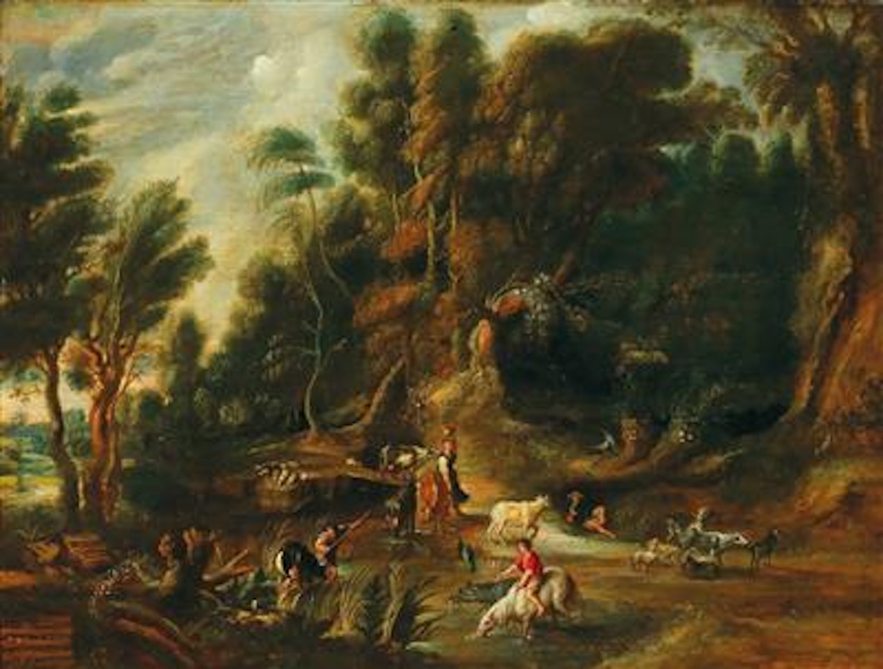 A wooded landscape with peasants herding cattle by a steam by Workshop of Peter Paul Rubens