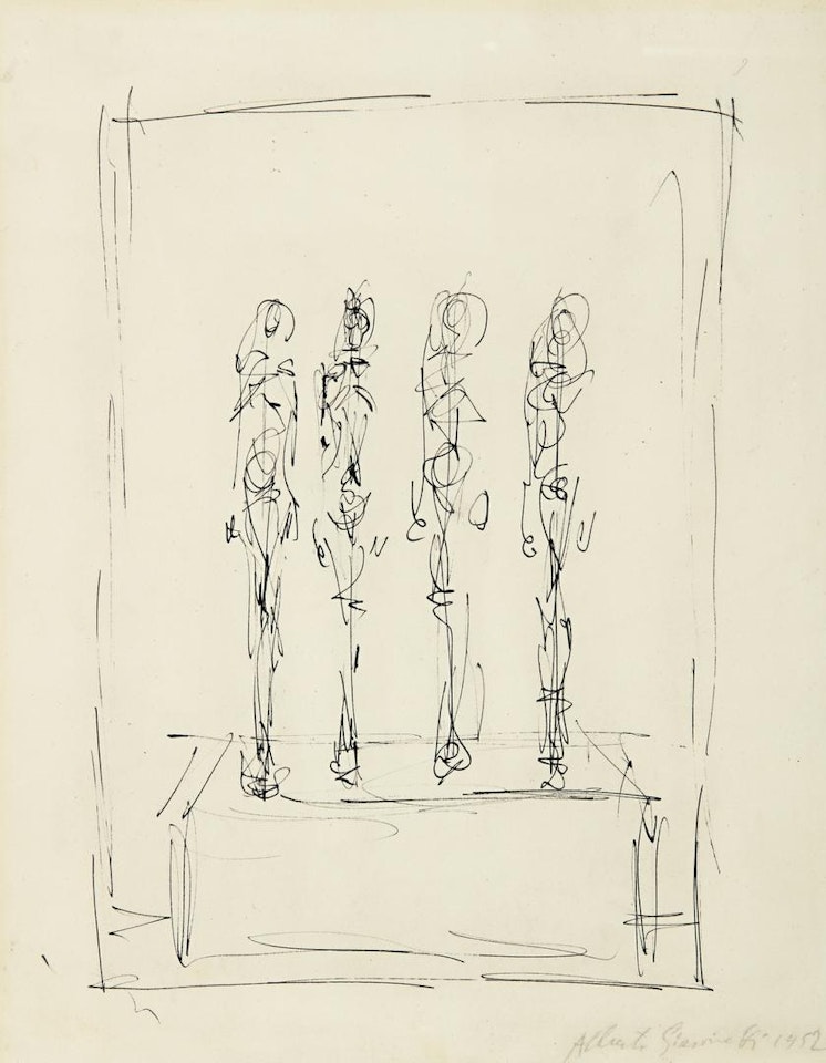 RUE DE L'ÉCHAUDÉ (QUATRE FIGURINES SUR PIÉDESTAL) by Alberto Giacometti