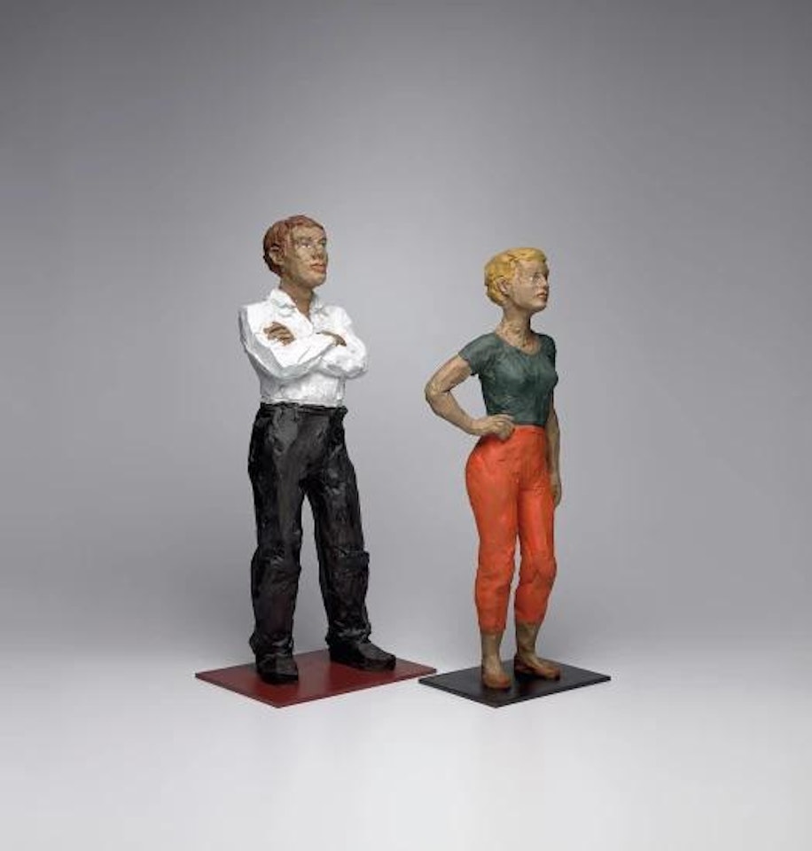 Man in White Shirt; and Woman in Orange Pants with Hand on Hip by Stephan Balkenhol