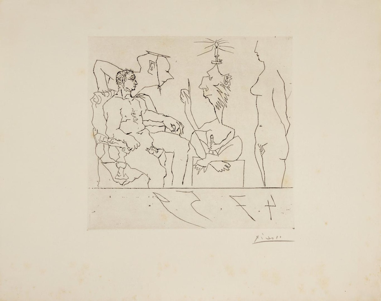 PHILOSOPHE DISCOURANT DEVANT UN NOTABLE, AVEC FEMME NUE À DROITE (B. 875; BA. 1059) by Pablo Picasso