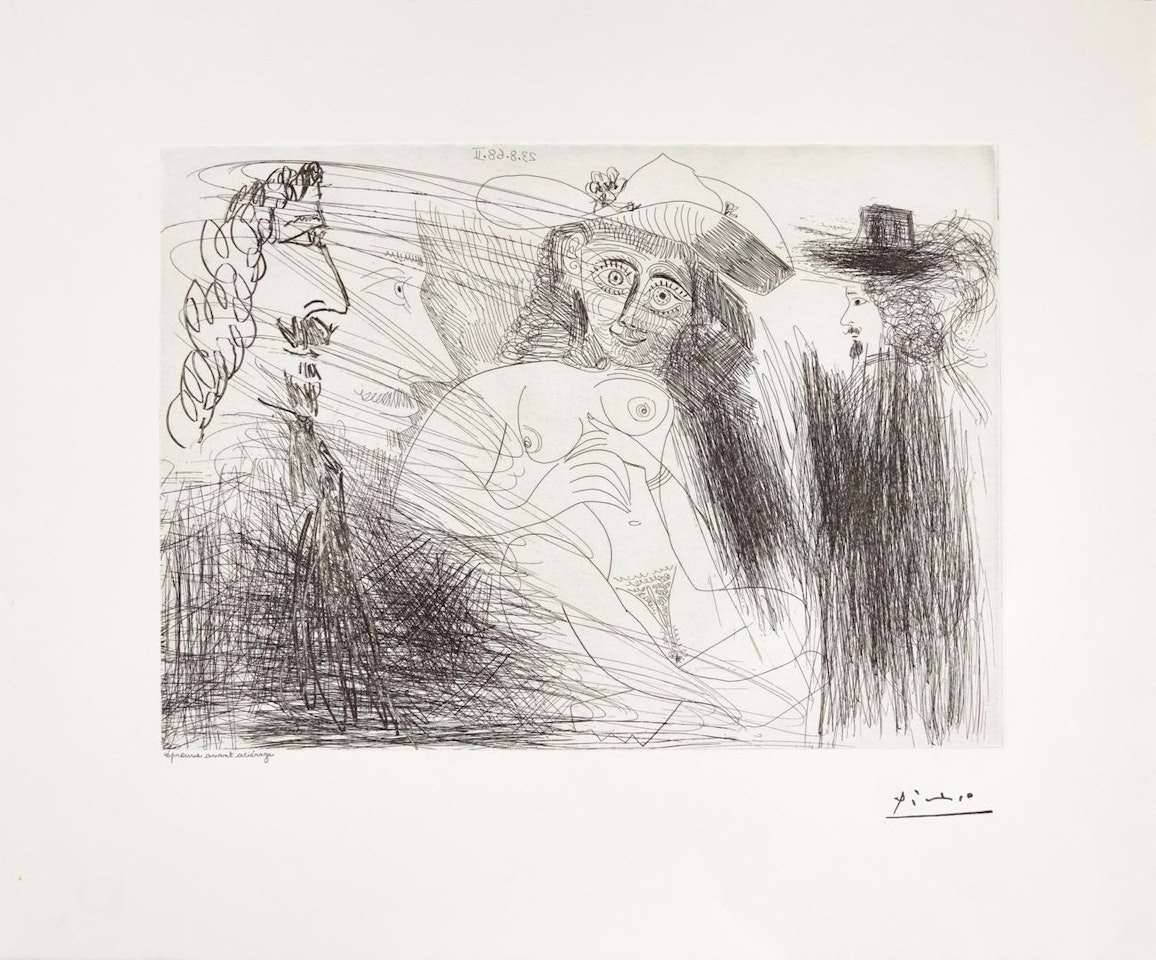 PEINTRE, MODÈLE AU CHAPEAU DE PAILLE, ET GENTILHOMME (B. 1773; BA. 1790) by Pablo Picasso