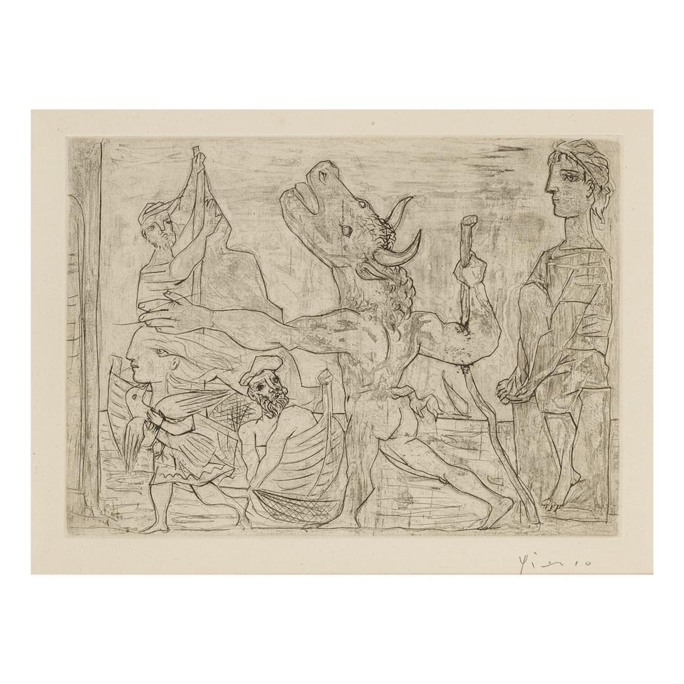 MINOTAURE AVEUGLE GUIDÉ PAR UNE PETITE FILLE AU PIGEON (B. 224; BA. 436) by Pablo Picasso