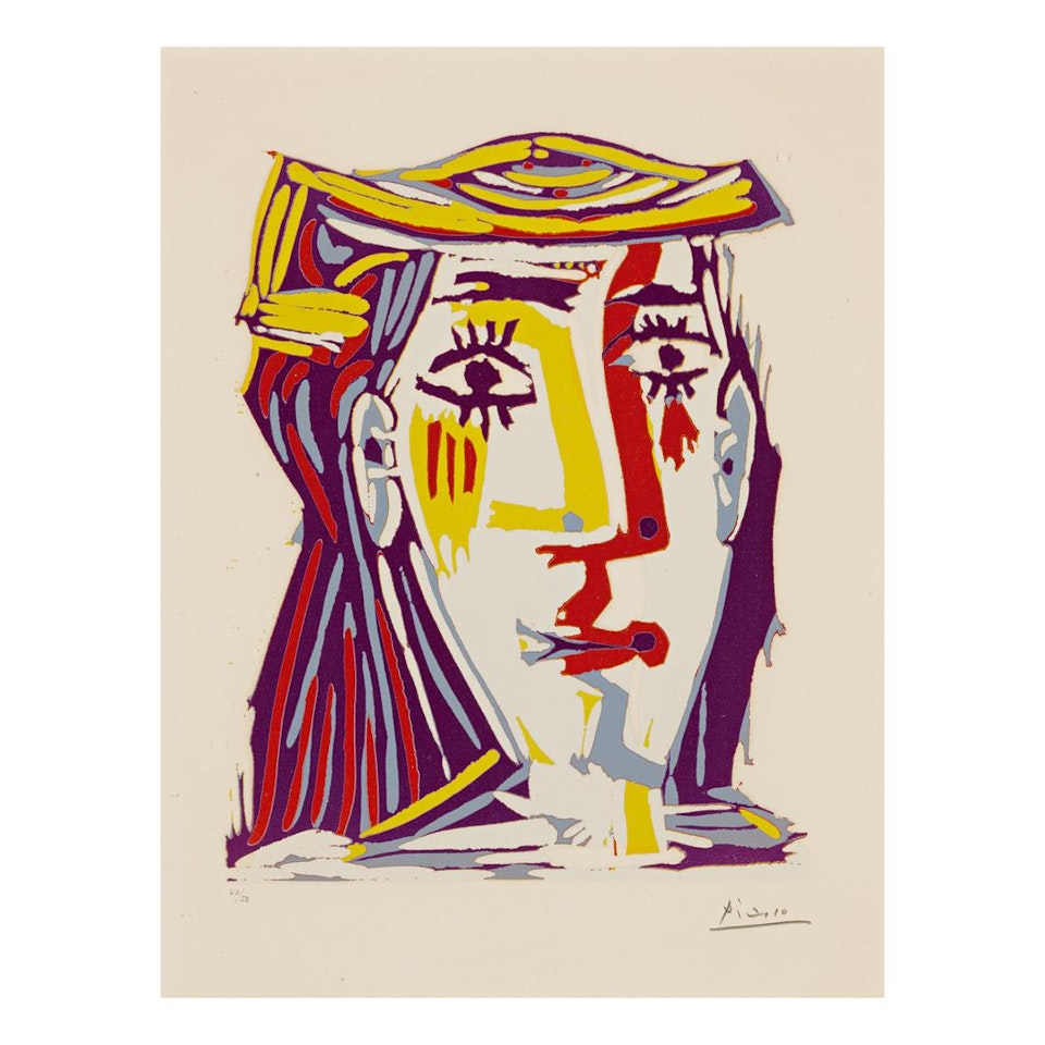 PORTRAIT DE JACQUELINE AU CHAPEAU DE PAILLE MULTICOLORE (B. 1074; BA. 1283) by Pablo Picasso