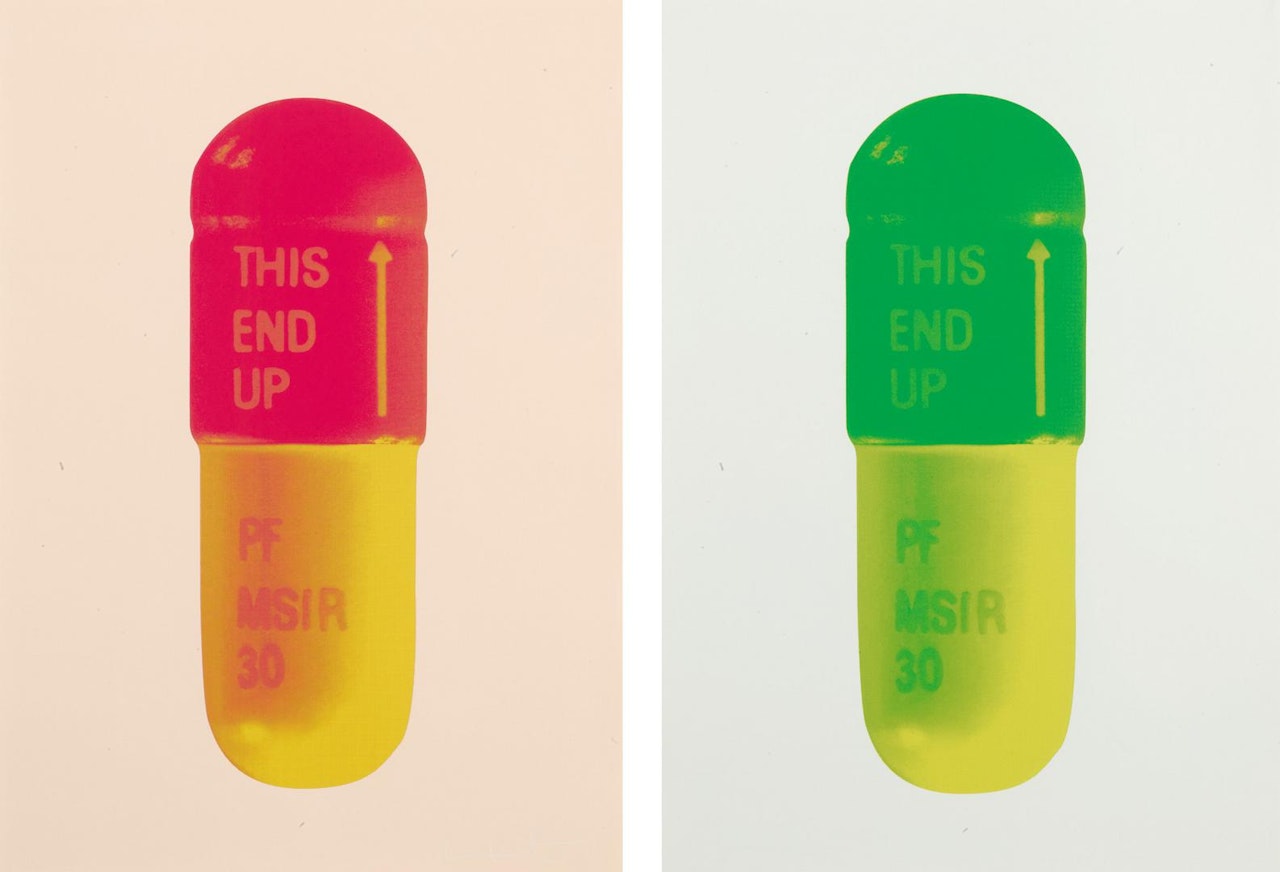 THE CURE - POWDER PINK/LOLLYPOP RED/GOLDEN YELLOW; AND THE CURE - MINT BLUE/APPLE GREEN/LEMON YELLOW by Damien Hirst