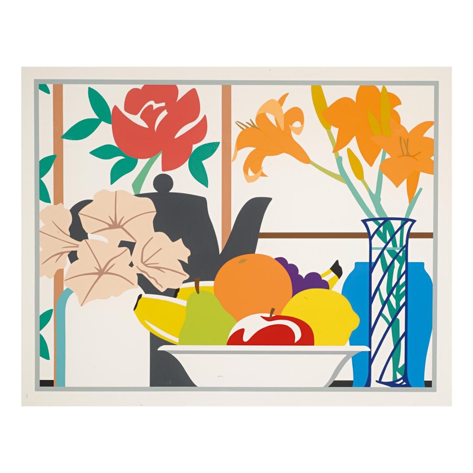 STILL LIFE WITH PETUNIAS, LILIES AND FRUIT by Tom Wesselmann