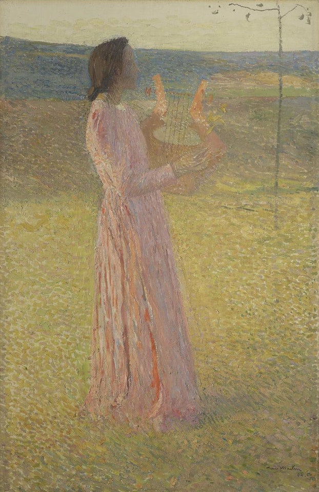 Femme habillée de rose tenant une lyre au milieu d'un champ by Henri Jean Guillaume Martin