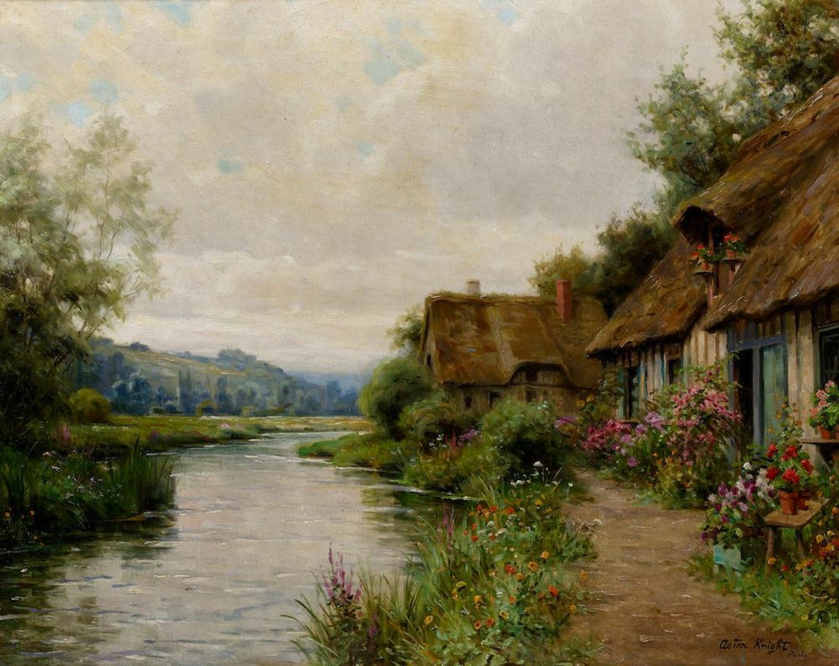 A cottage on a river bank by Louis Aston Knight
