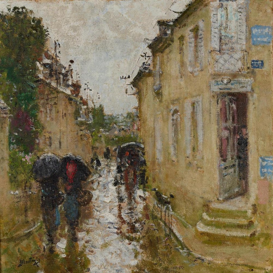 La grande rue de Bessé-sur-Bray sous la pluie by Pierre Eugène Montezin