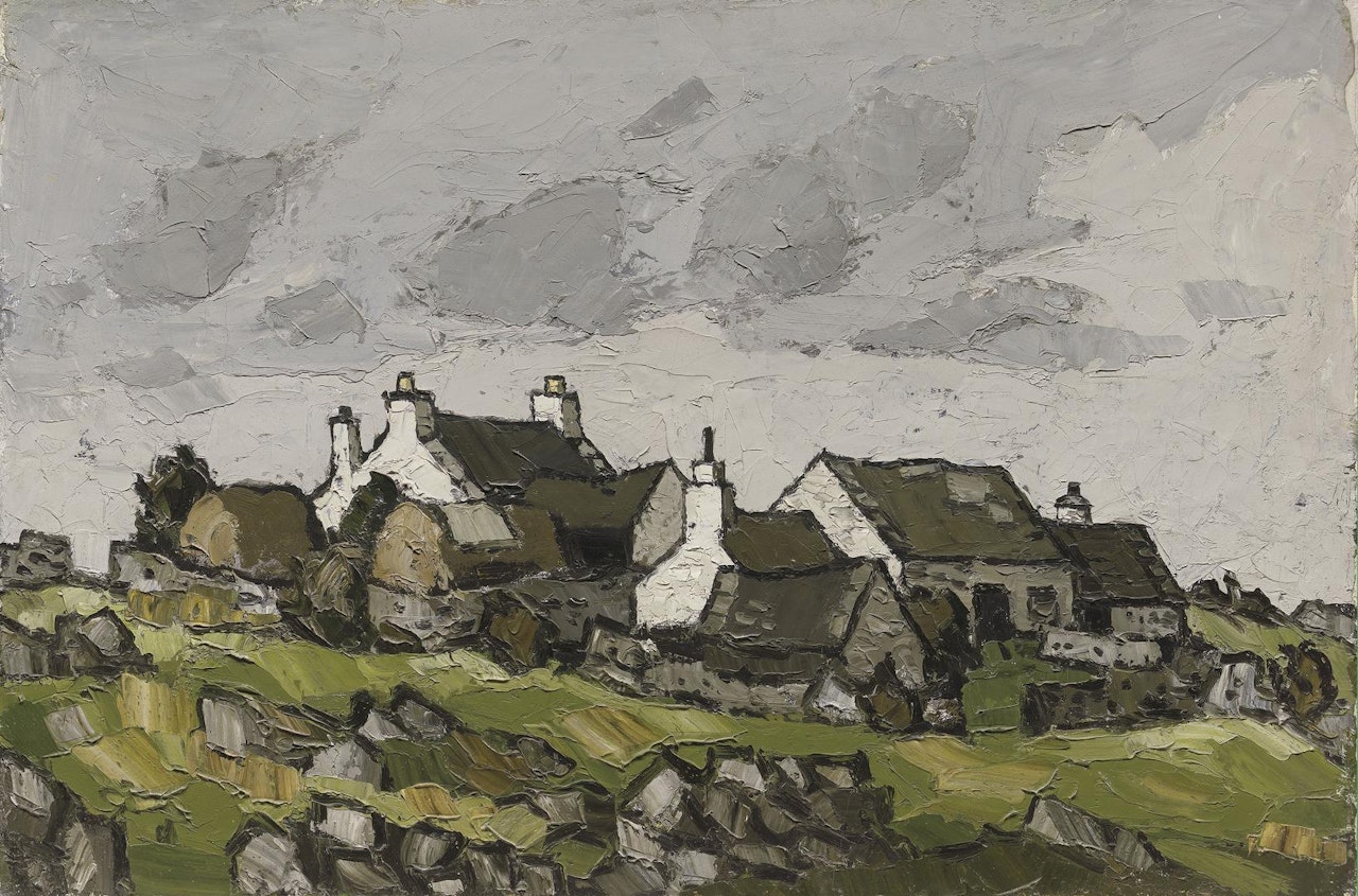 Cottages in a Welsh landscape by Kyffin Williams