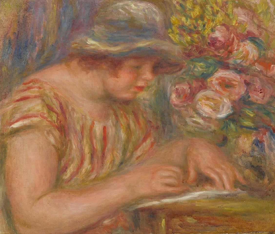 FEMME À CORSAGE À RAYURES JAUNE ET ROUGE ÉCRIVANT by Pierre-Auguste Renoir