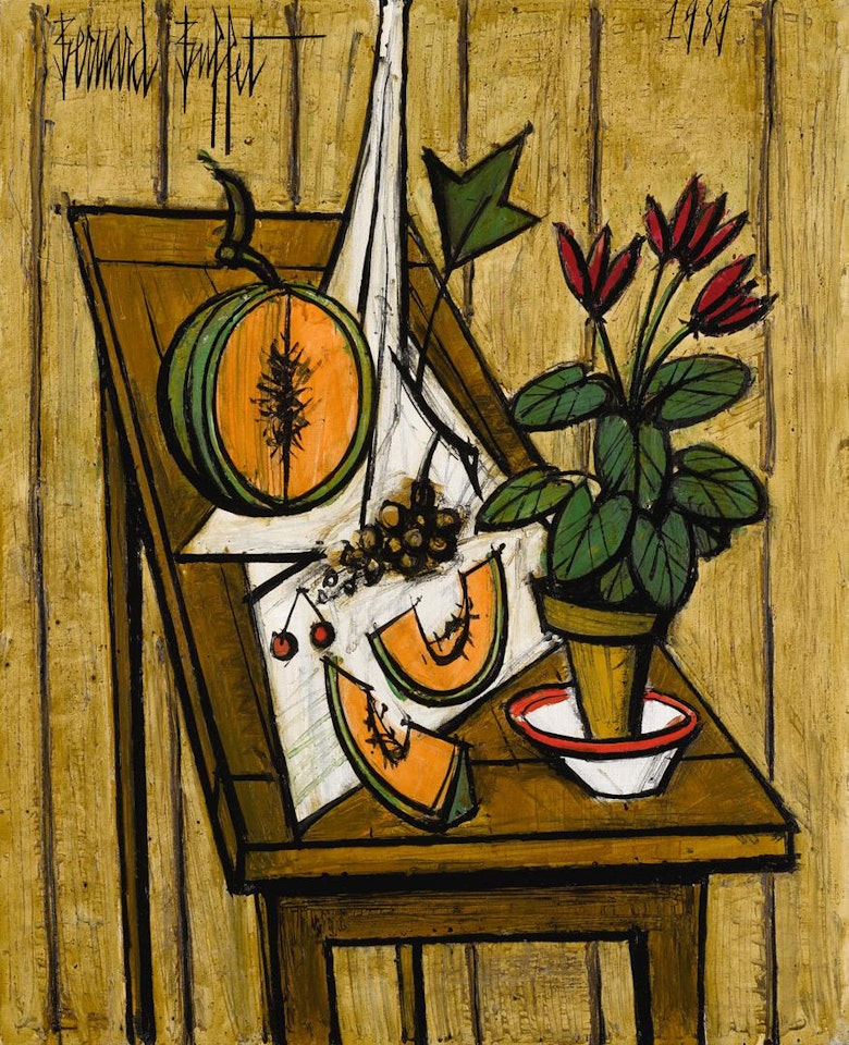 MELON ET POT DE CYCLAMENS SUR UNE TABLE by Bernard Buffet