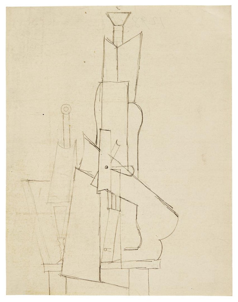 GUITARE, BOUTEILLE ET VERRE SUR UNE TABLE CARRÉE (PROJET POUR UNE SCULPTURE) by Pablo Picasso