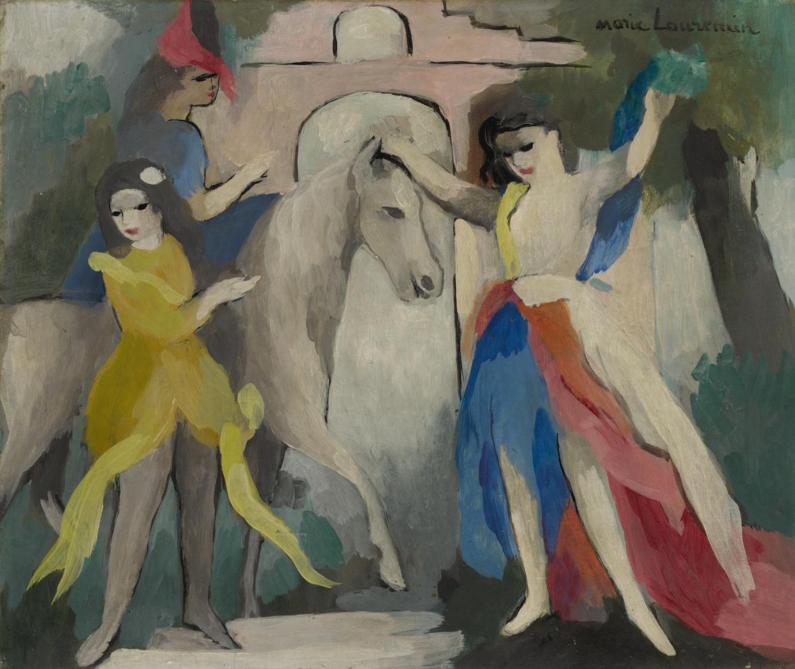 DEUX DANSEUSES ET UN CAVALIÈRE DEVANT UN PONT by Marie Laurencin