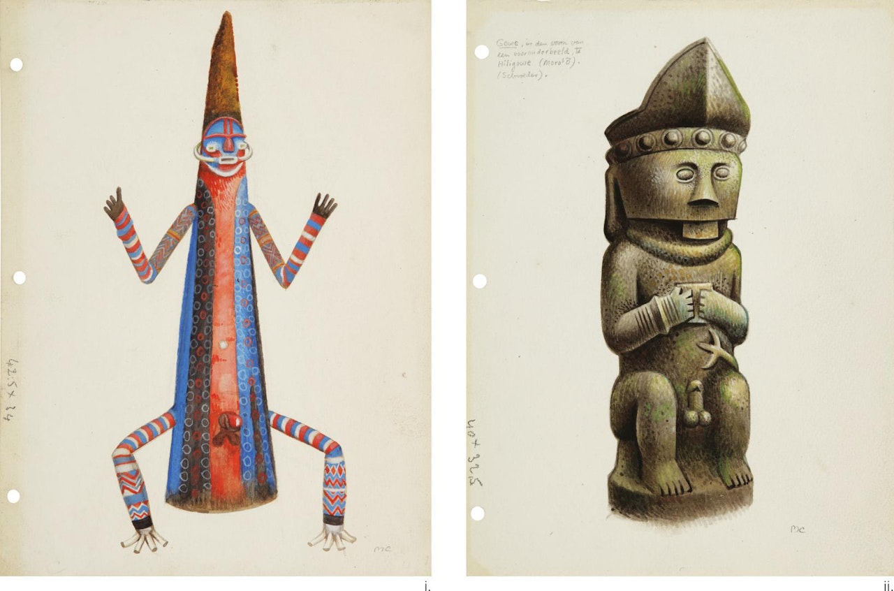 NIAS ANCESTRAL FIGURE FROM INDONESIA AND ANCESTRAL FIGURE FROM MALEKULA, NEW HEBRIDES by Miguel Covarrubias