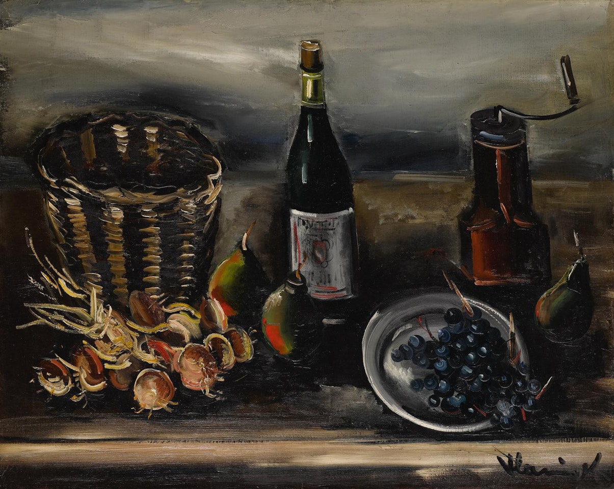 NATURE MORTE AU PANIER, BOUTEILLE ET FRUITS by Maurice de Vlaminck