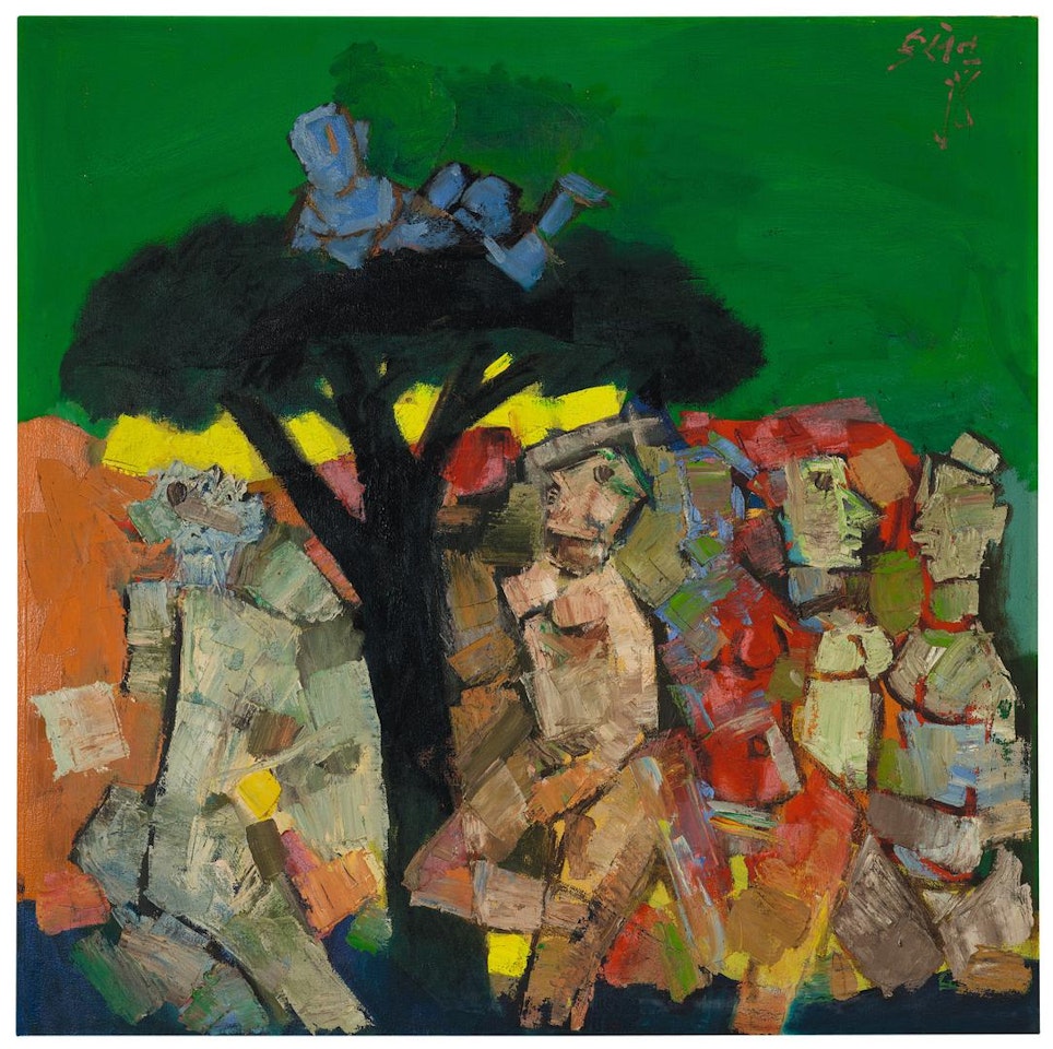 BLUE BOY ON TREE TOP by M.F. Husain