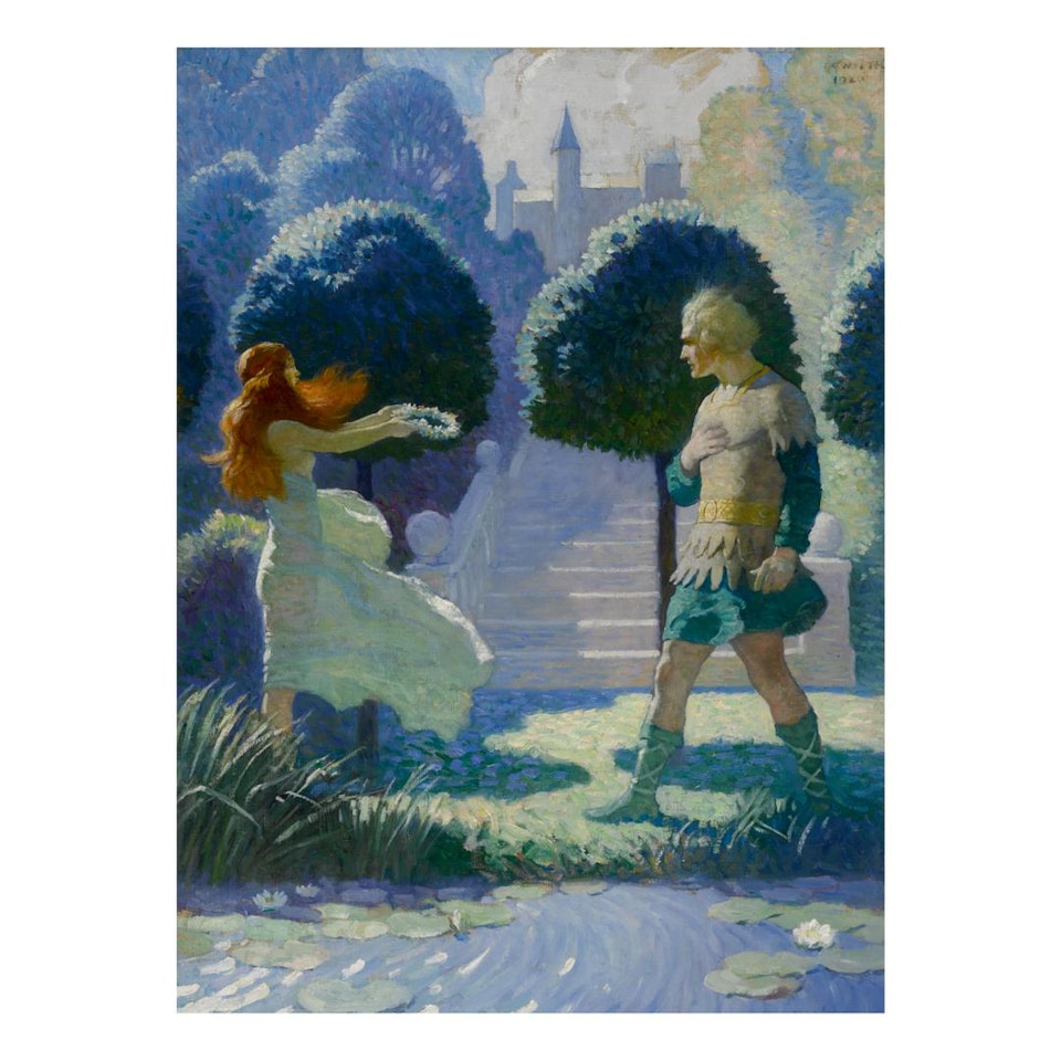 OGIER AND MORGANA (OGIER DISMOUNTED AND TOOK SOME STEPS ALONG THE STREAM, BUT WAS SOON STOPPED BY MEETING A YOUNG BEAUTY, SUCH AS THEY PAINT THE GRACES.) by Newell Convers Wyeth