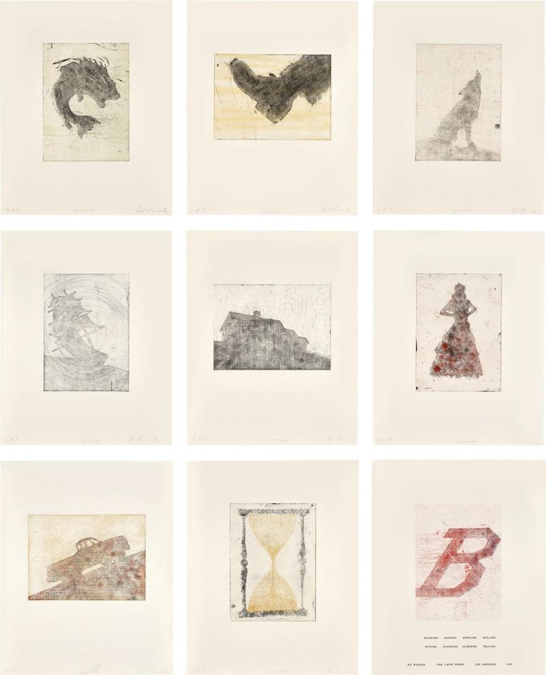 FLIPPING, KICKING, HOWLING, ROLLING, SITTING, STANDING, CLIMBING, TELLING AND B by Ed Ruscha